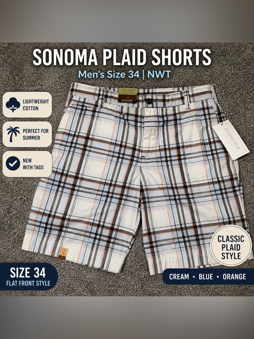 Sonoma Plaid Flat Front Shorts Men’s 34 NWT Blue Cream Orange Summer